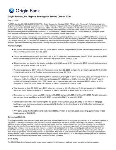 Thumbnail Origin Bancorp Quarterly Report 2020-q2