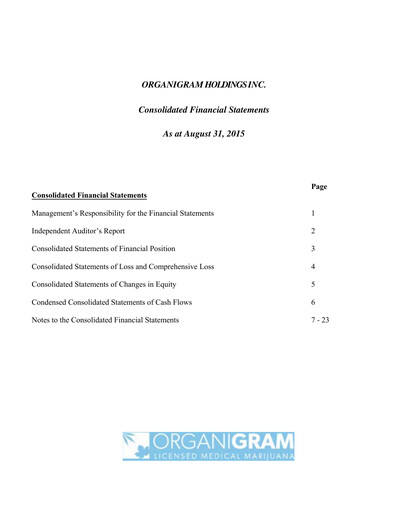 Thumbnail OrganiGram Holdings
 Financial Statement fy2015