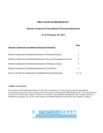 Vorschaubild OrganiGram Holdings
 Quartalsbericht 2015-q2