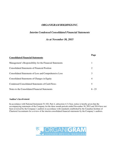 Vorschaubild OrganiGram Holdings
 Quartalsbericht 2016-q1