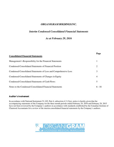 Vorschaubild OrganiGram Holdings
 Quartalsbericht 2016-q2