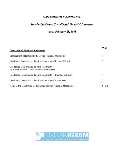 Vorschaubild OrganiGram Holdings
 Quartalsbericht 2018-q2