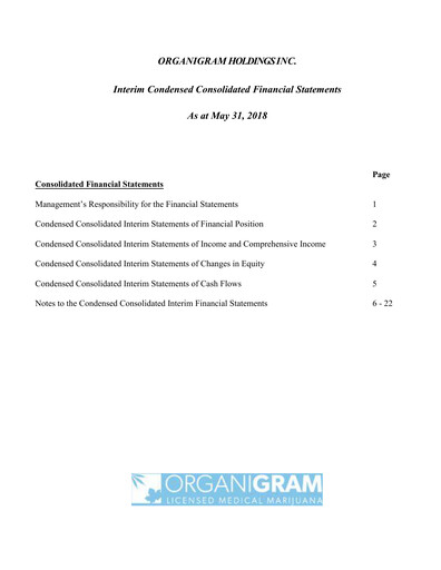 Vorschaubild OrganiGram Holdings
 Quartalsbericht 2018-q3