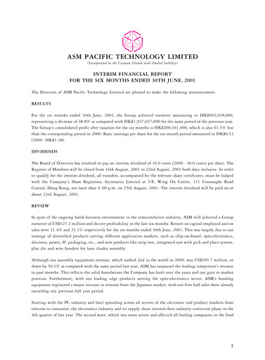 Vorschaubild ASMPT
 (ASM Pacific Technology) Halbjahresbericht 2001