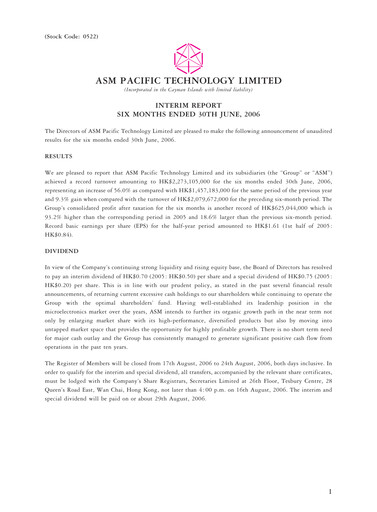 Vorschaubild ASMPT
 (ASM Pacific Technology) Halbjahresbericht 2006