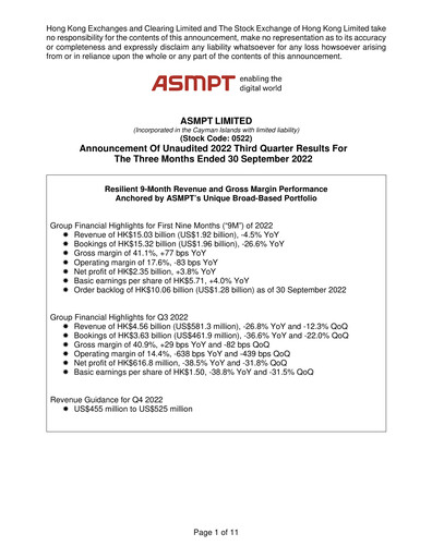 Vorschaubild ASMPT
 (ASM Pacific Technology) Quartalsbericht 2022-q3
