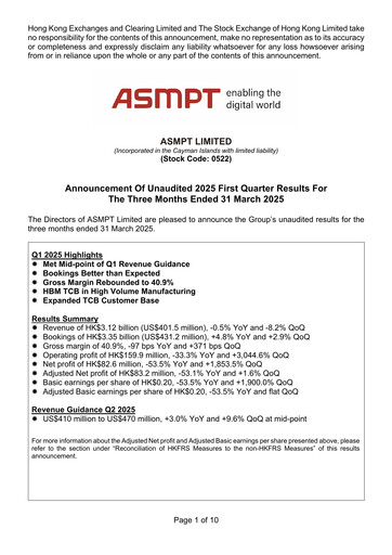 Vorschaubild ASMPT
 (ASM Pacific Technology) Quartalsbericht 2025-q1