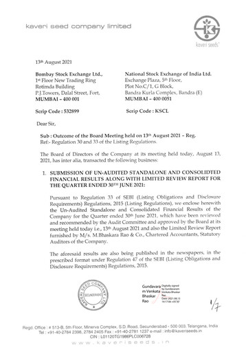 Thumbnail Kaveri Seed Quarterly Report 2021-q1