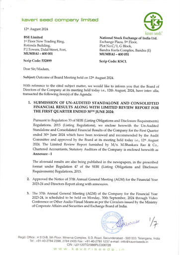Thumbnail Kaveri Seed Quarterly Report 2024-q1