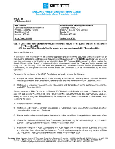 Thumbnail Kalpataru Projects International Quarterly Report 2024-q3