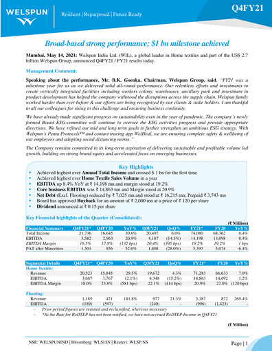Thumbnail Welspun India Financial Statement 2020-2021