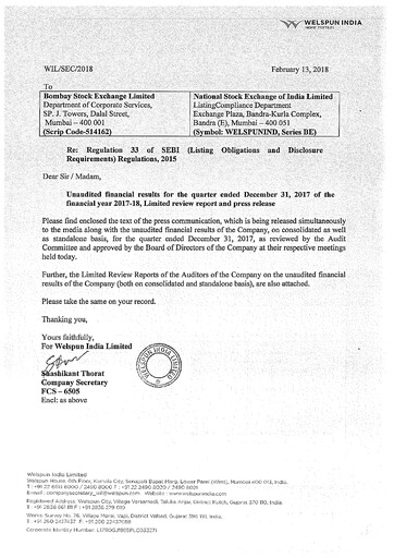 Thumbnail Welspun India Quarterly Report 2017-q3