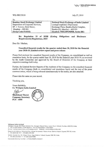 Thumbnail Welspun India Quarterly Report 2018-q1