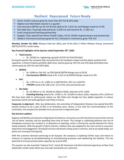 Thumbnail Welspun India Quarterly Report 2020-q2