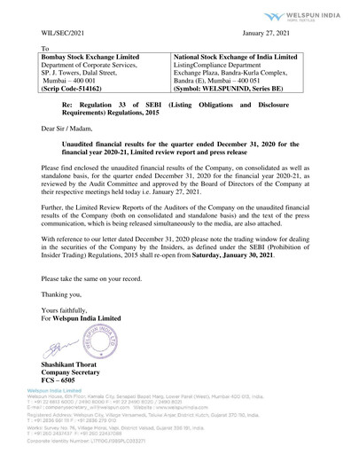 Thumbnail Welspun India Quarterly Report 2020-q3