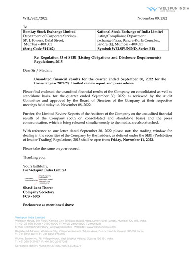 Thumbnail Welspun India Quarterly Report 2022-q2