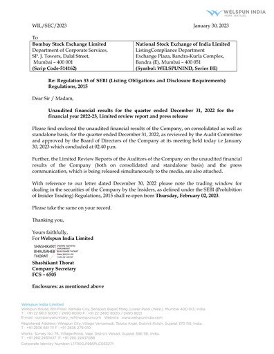 Thumbnail Welspun India Quarterly Report 2022-q3