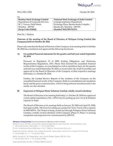 Miniature Welspun India Rapport trimestriel 2024-q2