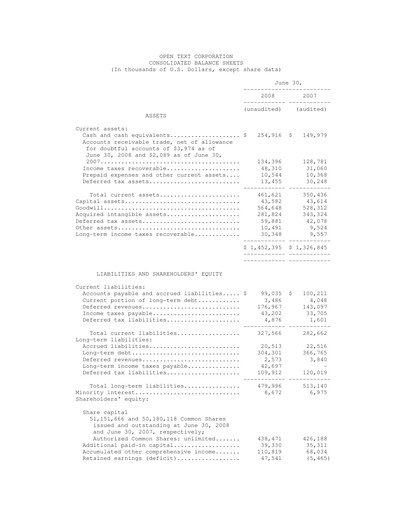 Thumbnail OpenText Financial Statement 2008