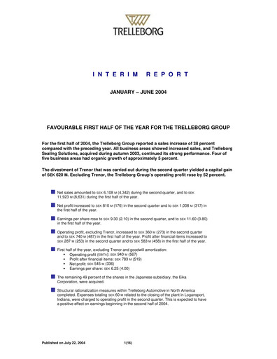 Thumbnail Trelleborg AB Half-year Report 2004-h1
