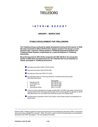 Thumbnail Trelleborg AB Quarterly Report 2005-q1