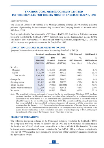 Thumbnail Yankuang Energy (Yanzhou Coal Mining) Half-year Report 1998-h1