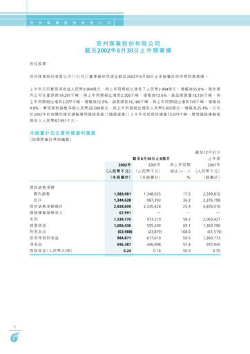 Thumbnail Yankuang Energy (Yanzhou Coal Mining) Half-year Report 2002-h1