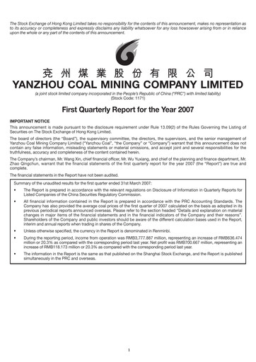 Thumbnail Yankuang Energy (Yanzhou Coal Mining) Quarterly Report 2007-q1