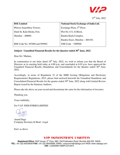 Thumbnail VIP Industries
 Quarterly Report 2022-q1