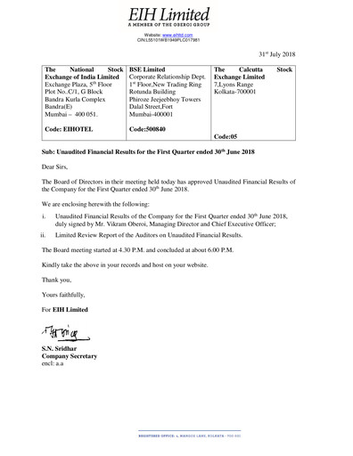 Thumbnail EIH Limited Quarterly Report 2018-q1