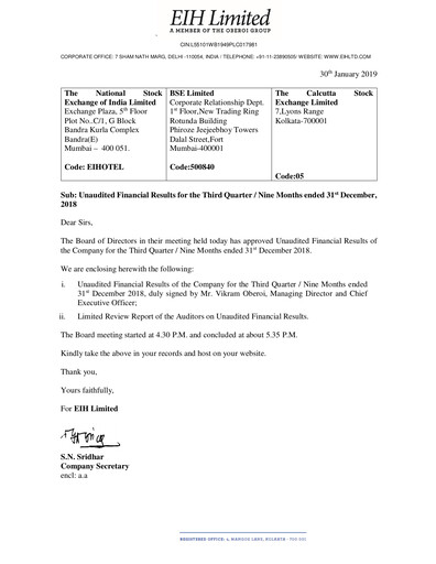 Thumbnail EIH Limited Quarterly Report 2018-q3