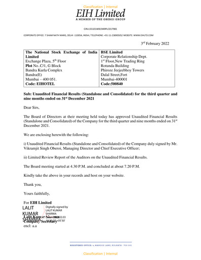 Thumbnail EIH Limited Quarterly Report 2021-q3