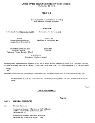 Miniature Cummins
 Rapport trimestriel 2001-q3