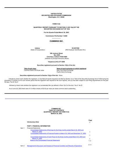Miniature Cummins
 Rapport trimestriel 2003-q1