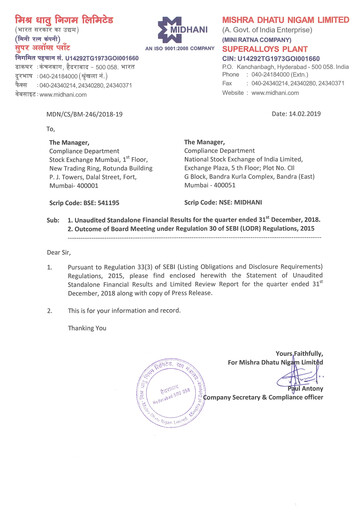 Miniature Mishra Dhatu Nigam Rapport trimestriel 2018-q3