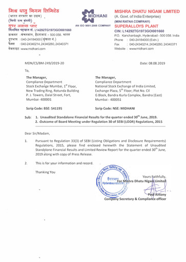 Miniature Mishra Dhatu Nigam Rapport trimestriel 2019-q1