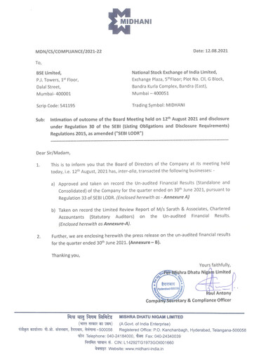 Miniature Mishra Dhatu Nigam Rapport trimestriel 2021-q1