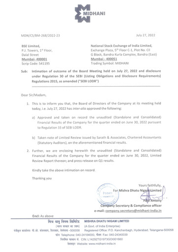 Miniature Mishra Dhatu Nigam Rapport trimestriel 2022-q1