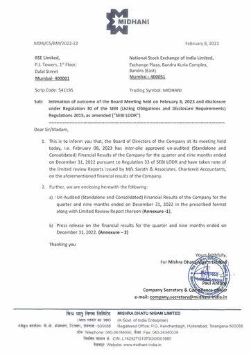 Miniature Mishra Dhatu Nigam Rapport trimestriel 2022-q3