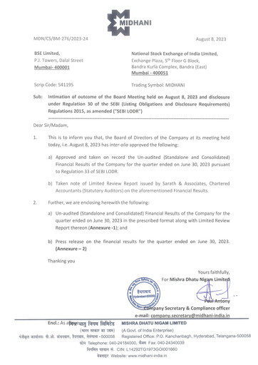 Miniature Mishra Dhatu Nigam Rapport trimestriel 2023-q1