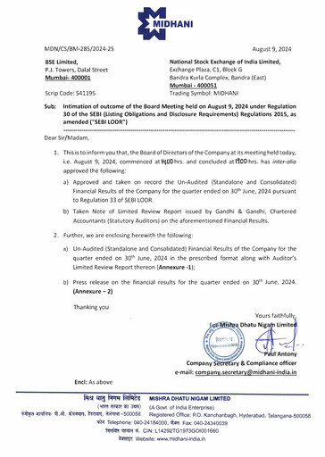 Miniature Mishra Dhatu Nigam Rapport trimestriel 2024-q1