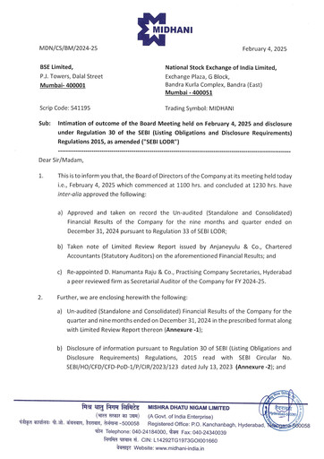 Miniature Mishra Dhatu Nigam Rapport trimestriel 2024-q3