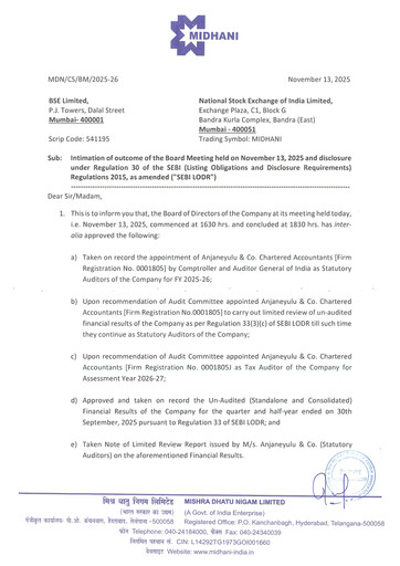 Miniature Mishra Dhatu Nigam Rapport trimestriel 2025-q2