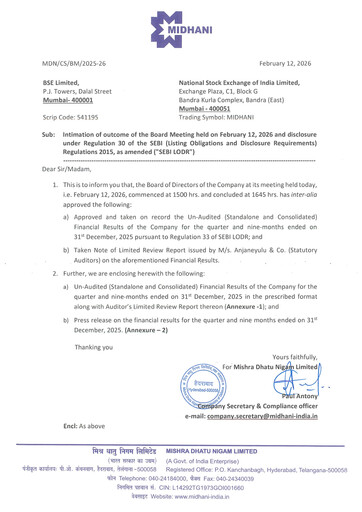 Miniature Mishra Dhatu Nigam Rapport trimestriel 2025-q3