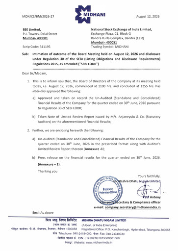 Thumbnail Mishra Dhatu Nigam Quarterly Report 2026-q1