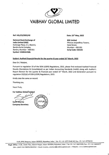 Thumbnail Vaibhav Global
 Financial Statement 2021-2022