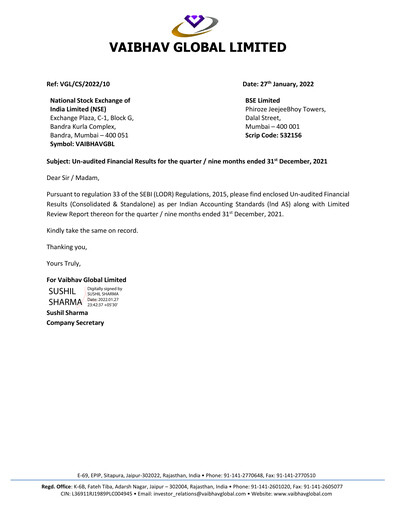 Thumbnail Vaibhav Global
 Quarterly Report 2021-q3