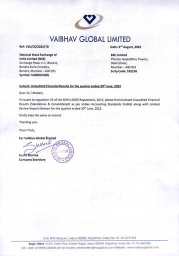 Thumbnail Vaibhav Global
 Quarterly Report 2022-q1