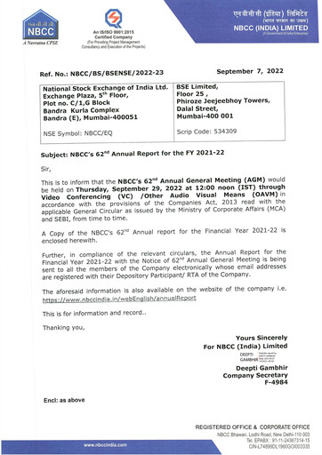 Miniature NBCC India Rapport annuel 2021-2022
