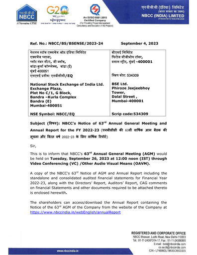 Miniature NBCC India Rapport annuel 2022-2023